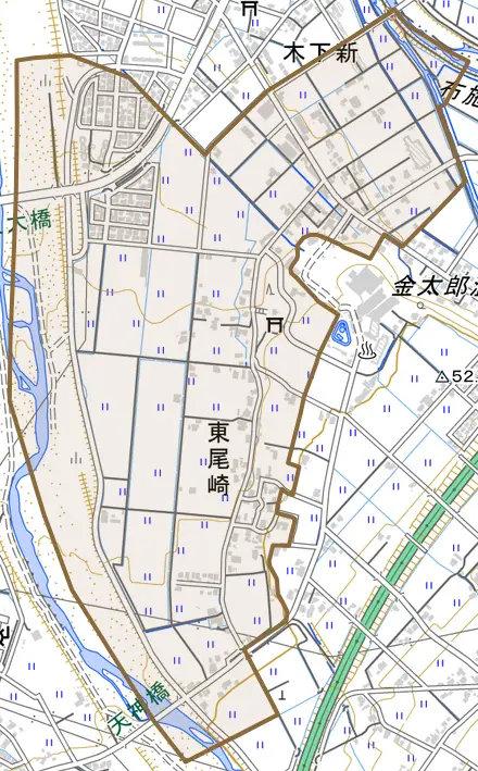 東尾崎とその周辺の地図。町の範囲を重ねている