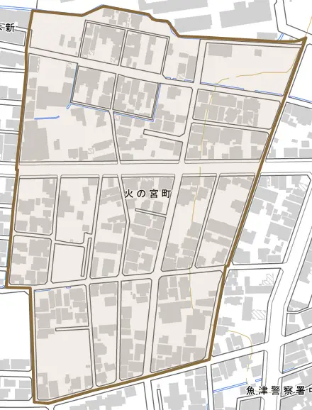 火の宮町とその周辺の地図。町の範囲を重ねている