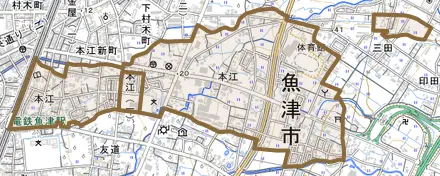 本江とその周辺の地図。町の範囲を重ねている