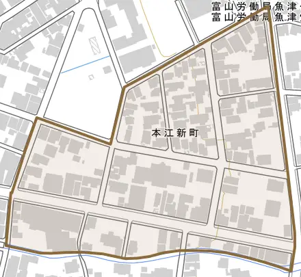 本江新町とその周辺の地図。町の範囲を重ねている
