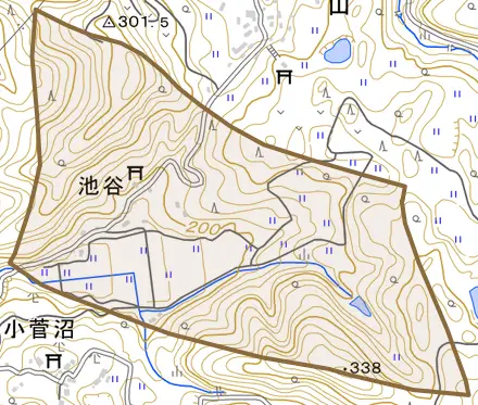 池谷とその周辺の地図。町の範囲を重ねている
