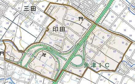 印田とその周辺の地図。町の範囲を重ねている
