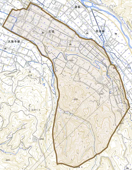 石垣とその周辺の地図。町の範囲を重ねている