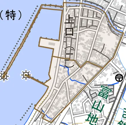 上口とその周辺の地図。町の範囲を重ねている