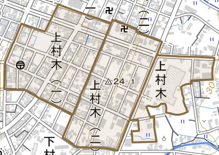 上村木とその周辺の地図。町の範囲を重ねている