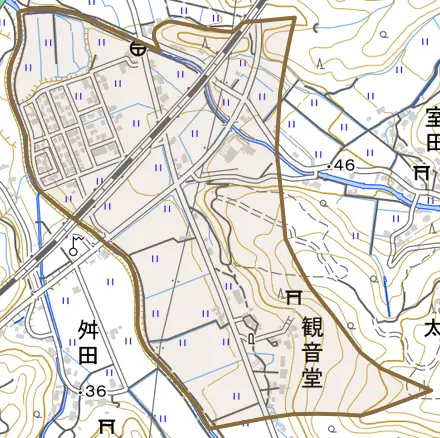 観音堂とその周辺の地図。町の範囲を重ねている