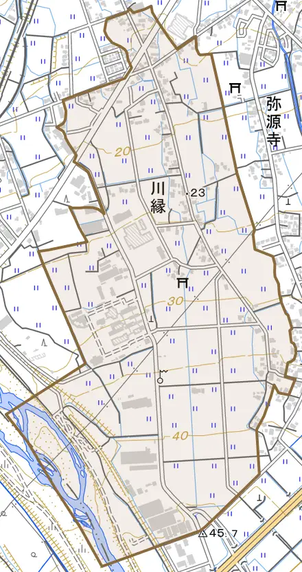 川縁とその周辺の地図。町の範囲を重ねている