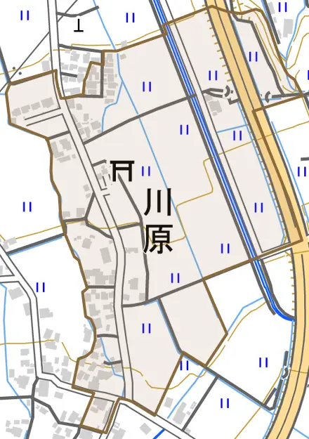 川原とその周辺の地図。町の範囲を重ねている