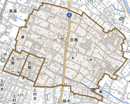 吉島とその周辺の地図。町の範囲を重ねている