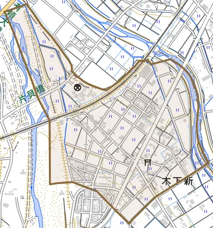 木下新とその周辺の地図。町の範囲を重ねている