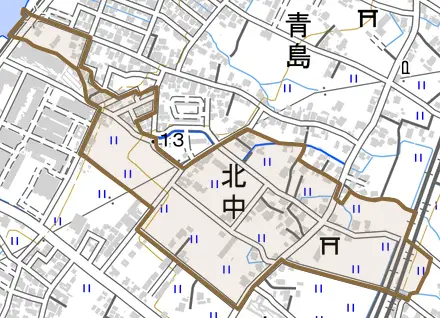 北中とその周辺の地図。町の範囲を重ねている
