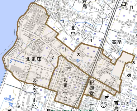 北鬼江とその周辺の地図。町の範囲を重ねている