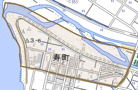 寿町とその周辺の地図。町の範囲を重ねている