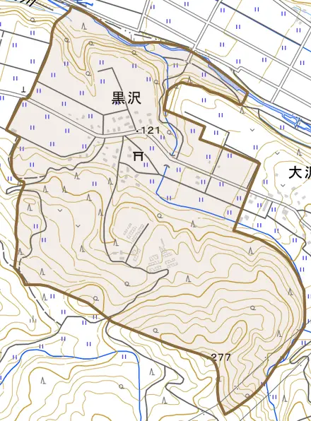 黒沢とその周辺の地図。町の範囲を重ねている