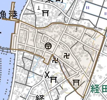 経田中町とその周辺の地図。町の範囲を重ねている