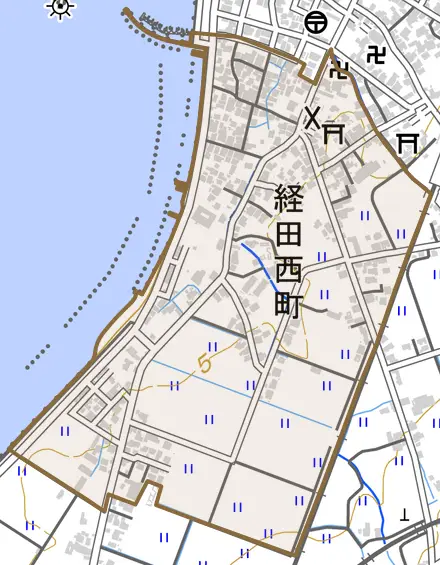 経田西町とその周辺の地図。町の範囲を重ねている