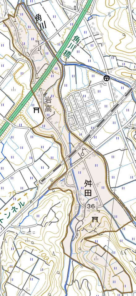 舛田とその周辺の地図。町の範囲を重ねている