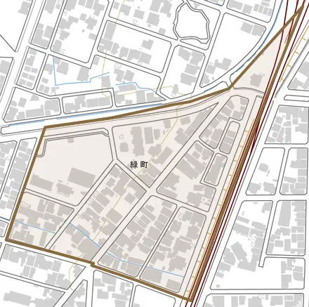 緑町とその周辺の地図。町の範囲を重ねている