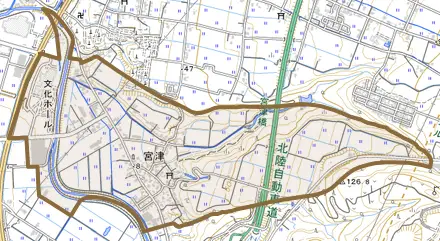 宮津とその周辺の地図。町の範囲を重ねている