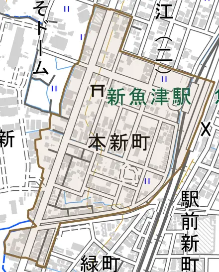 本新町とその周辺の地図。町の範囲を重ねている