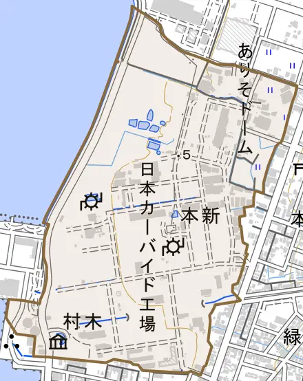 本新とその周辺の地図。町の範囲を重ねている