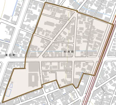 村木町とその周辺の地図。町の範囲を重ねている