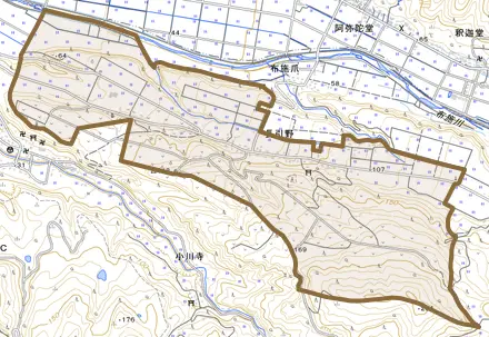 長引野とその周辺の地図。町の範囲を重ねている