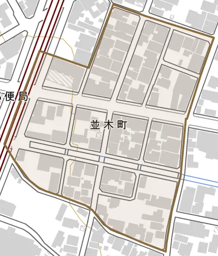 並木町とその周辺の地図。町の範囲を重ねている