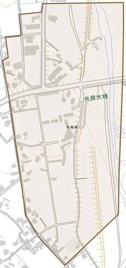 西尾崎とその周辺の地図。町の範囲を重ねている