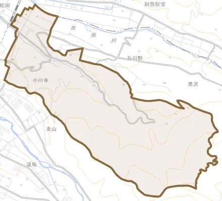 小川寺とその周辺の地図。町の範囲を重ねている
