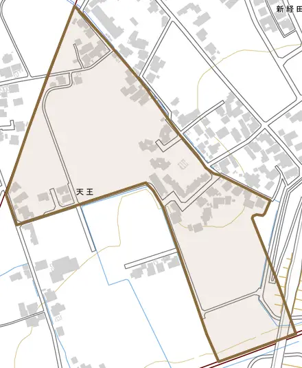 岡経田とその周辺の地図。町の範囲を重ねている