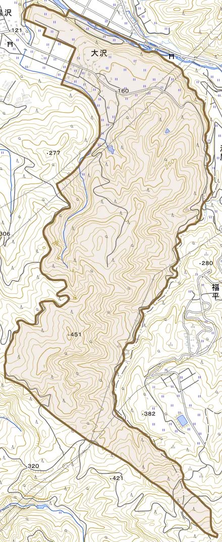 大沢とその周辺の地図。町の範囲を重ねている