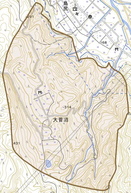 大菅沼とその周辺の地図。町の範囲を重ねている