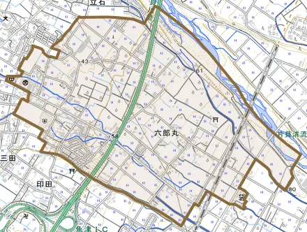 六郎丸とその周辺の地図。町の範囲を重ねている