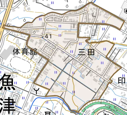 三田とその周辺の地図。町の範囲を重ねている