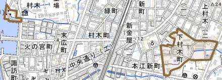 大字下村木町とその周辺の地図。町の範囲を重ねている