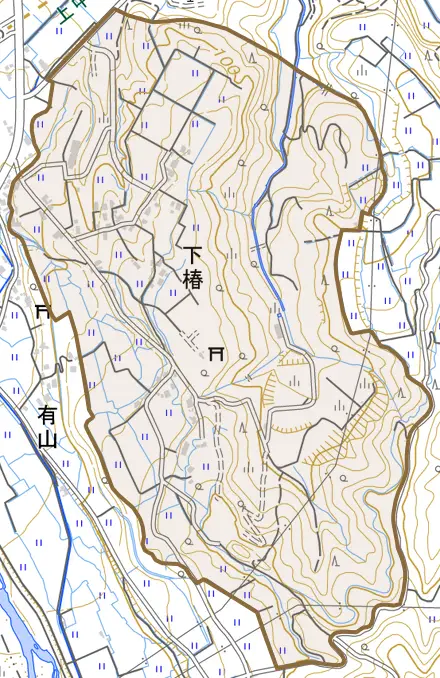 下椿とその周辺の地図。町の範囲を重ねている