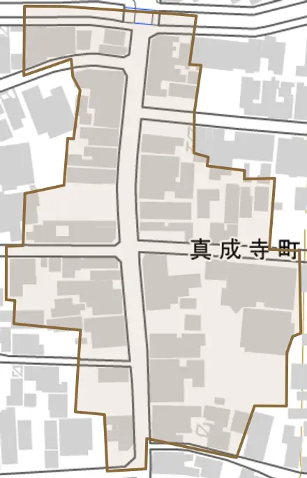 真成寺町とその周辺の地図。町の範囲を重ねている