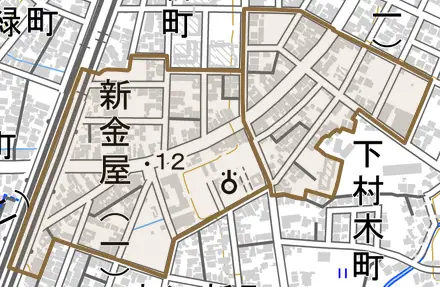 新金屋とその周辺の地図。町の範囲を重ねている