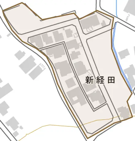 新経田とその周辺の地図。町の範囲を重ねている
