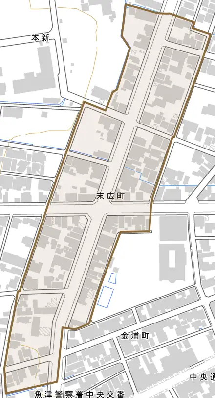 末広町とその周辺の地図。町の範囲を重ねている