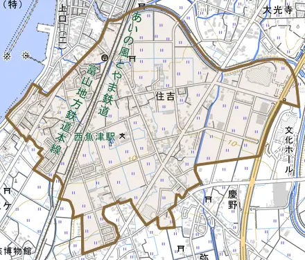 住吉とその周辺の地図。町の範囲を重ねている