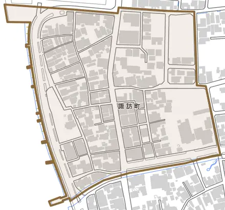 諏訪町とその周辺の地図。町の範囲を重ねている