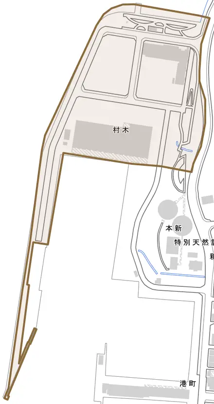 村木とその周辺の地図。町の範囲を重ねている