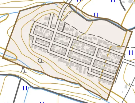 大字大海寺新村とその周辺の地図。町の範囲を重ねている