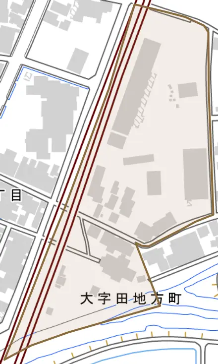 大字大光寺町とその周辺の地図。町の範囲を重ねている