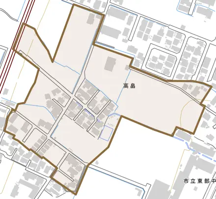 高畠とその周辺の地図。町の範囲を重ねている