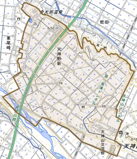 天神野新とその周辺の地図。町の範囲を重ねている