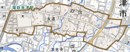 友道とその周辺の地図。町の範囲を重ねている