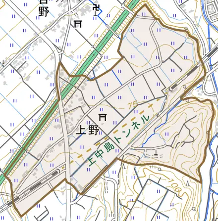 上野とその周辺の地図。町の範囲を重ねている